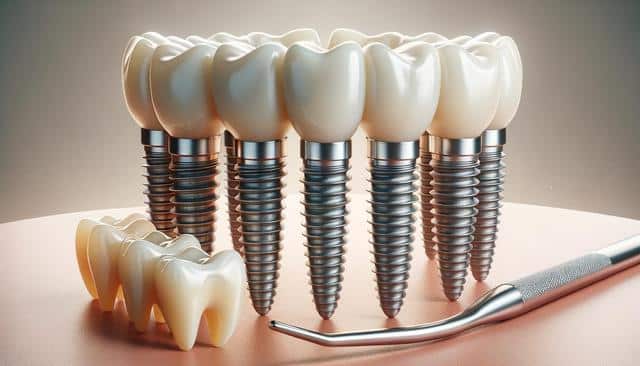 Dental implants with metal screws and tooth models on a table, alongside a dental tool.