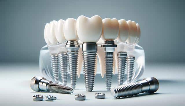 Dental implants with visible screws and artificial teeth in a jaw model.