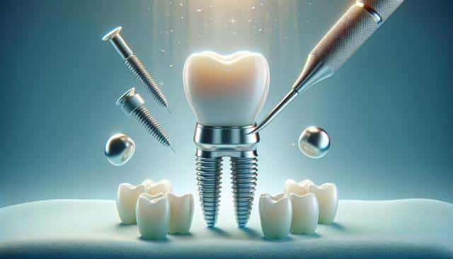 A shiny dental implant surrounded by floating screws, teeth, and a dental tool in a blue-lit scene.