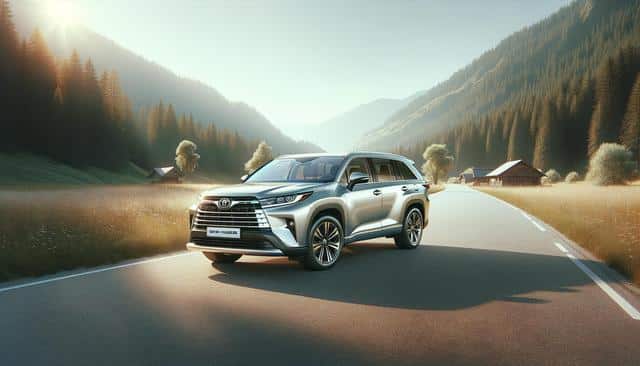 A silver SUV on a scenic mountain road, surrounded by fields, trees, and wooden cabins in soft sunlight.