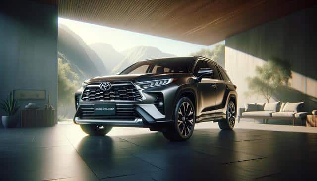 SUV parked indoors with mountain view, modern decor, soft lighting.