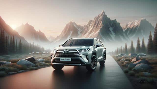 A sleek SUV on a mountain road with towering peaks and trees in the background during sunrise.