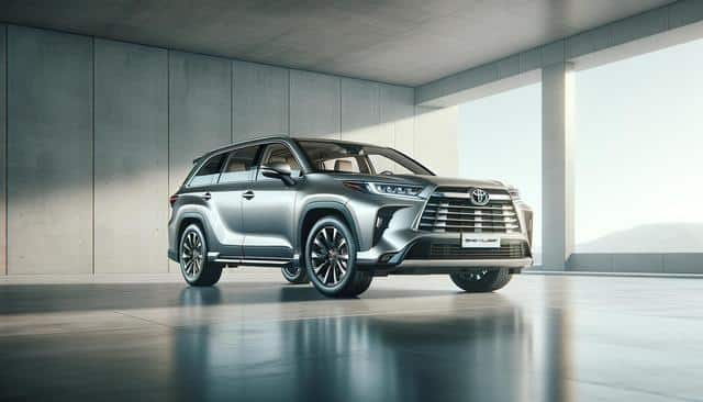 Silver SUV in a modern, concrete room with large windows.