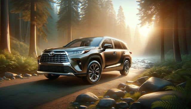A silver SUV parked on a forest path, surrounded by tall trees and soft sunlight.