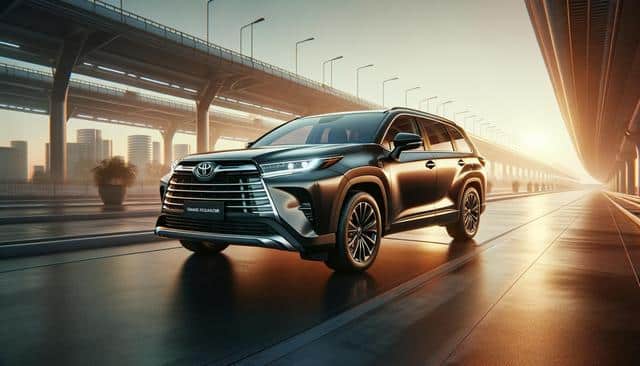 A modern SUV parked on a road under elevated expressways with a sunrise backdrop.