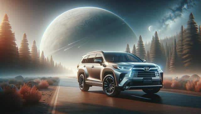 A silver SUV on a misty road, surrounded by tall trees, with a giant planet and crescent moon in the sky.