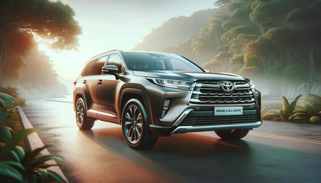 SUV on a scenic forest road at sunrise with glowing highlights.