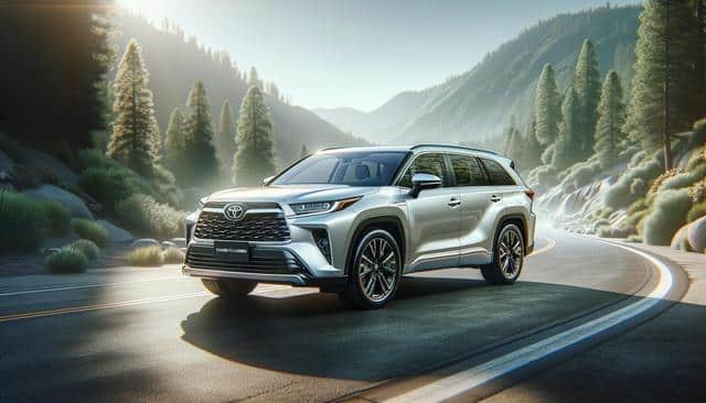 Silver SUV on a scenic mountain road with trees and sunlight.