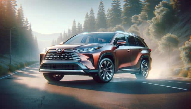A futuristic SUV driving on a misty forest road with sunlight filtering through the trees.