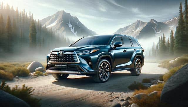A blue SUV on a dirt road with misty mountains and pine trees in the background.