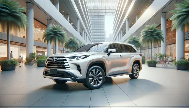 A silver SUV parked in a modern, open-air shopping center with palm trees and glass storefronts.