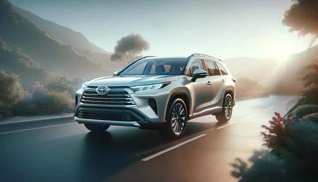 Silver SUV driving on a scenic road at sunset, surrounded by mountains and greenery.