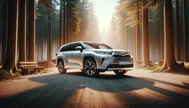 Silver SUV on a sunlit forest path with tall trees.