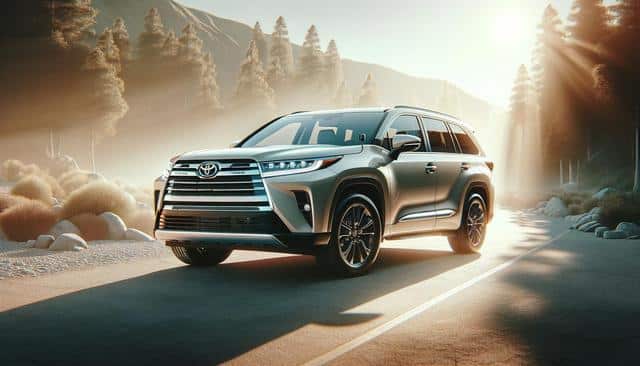 Silver SUV on a road surrounded by trees in a sunlit forest setting.