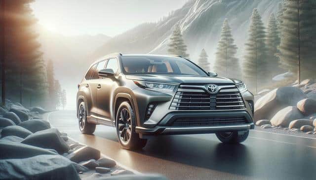 SUV on a scenic mountain road with trees and sunlight.
