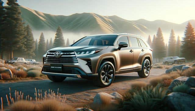 Sleek SUV on a forested dirt road with misty mountains and trees in the background.