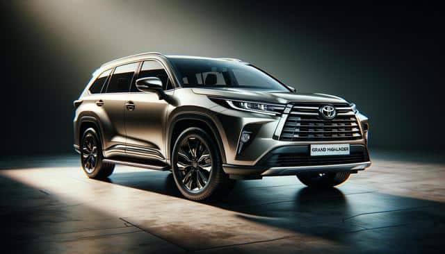 Metallic SUV in studio lighting, showcasing bold front grille and sleek design.