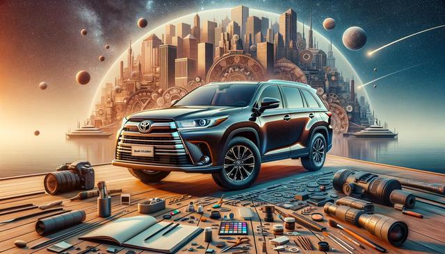 A futuristic SUV on a wooden platform with art supplies and gadgets, set against a sci-fi cityscape and space background.