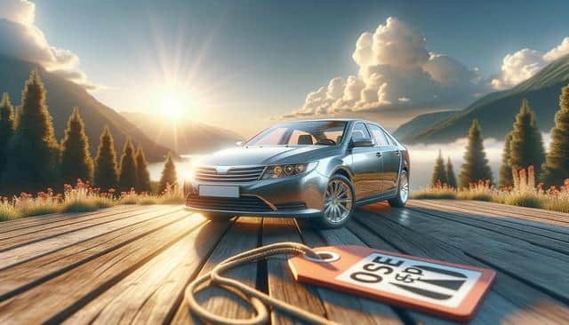 Silver car on wooden platform with scenic mountains and a bright sunrise in the background.