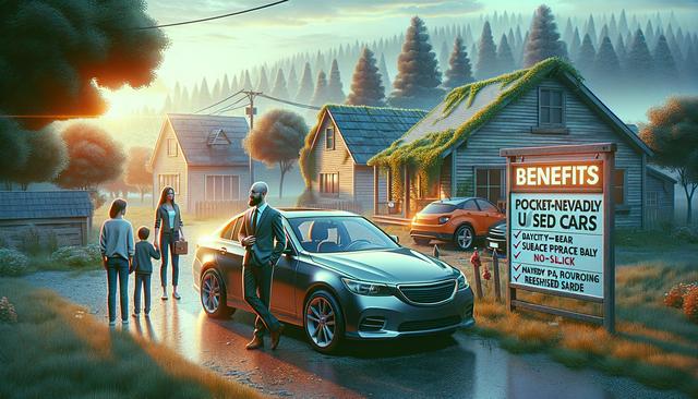 A man in a suit stands by a car in a quaint, sunlit village with rustic houses and trees. A signboard with jumbled text lists car benefits.