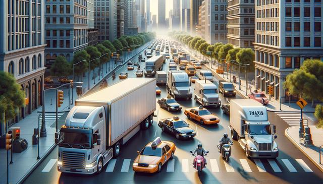 Busy city street with heavy traffic, including trucks, taxis, and motorcycles, surrounded by tall buildings and trees.