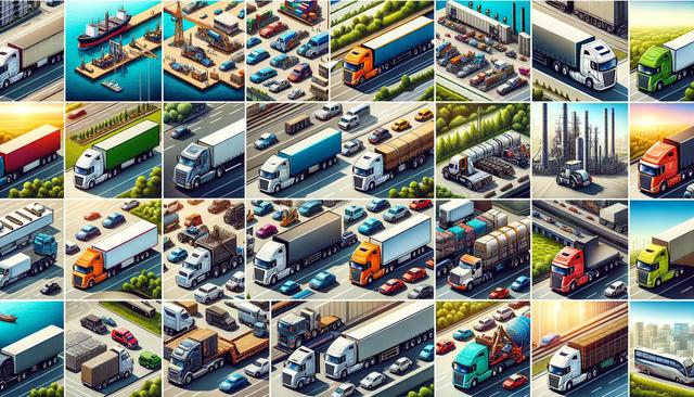 Grid of illustrated trucks and industrial scenes, featuring colorful vehicles, highways, shipping docks, and machinery.
