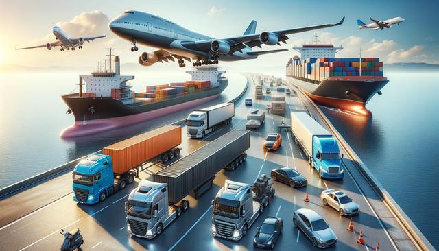 Planes, ships, trucks, and cars on a bridge over water, symbolizing global transportation.