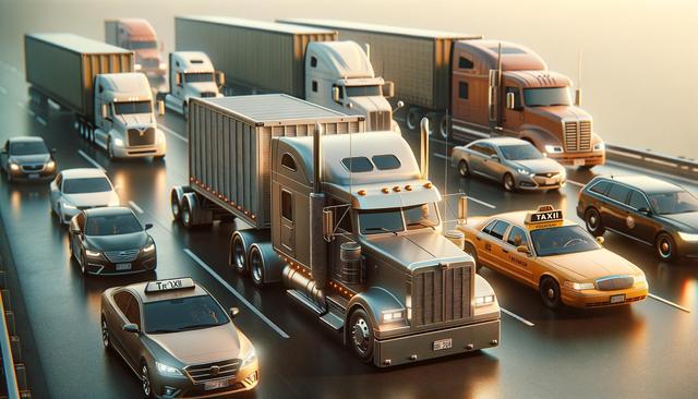 Traffic on a highway with trucks, cars, and taxis in warm sunset light.