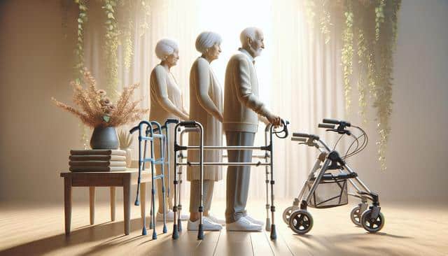 Three elderly people line up with walkers, illuminated by soft light; plants hang above and a vase with flowers is on a table.