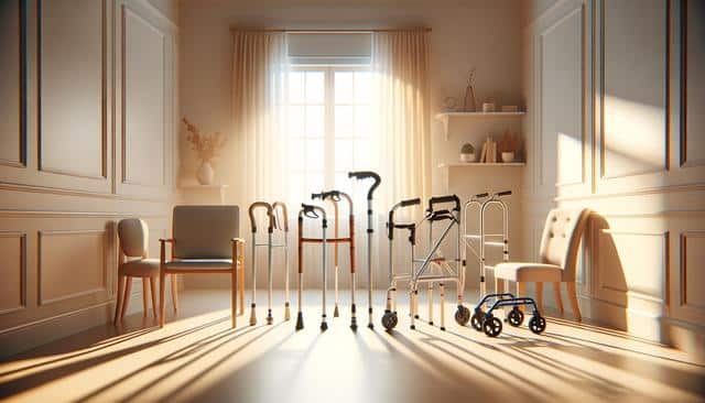 A sunlit room with various mobility aids like walkers and canes, and two chairs.