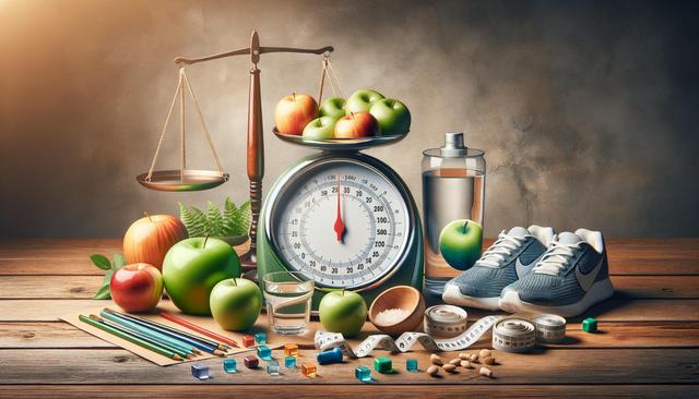 A balance scale with apples, a clock, colorful pencils, a water bottle, sneakers, pills, and a measuring tape on a wooden table.
