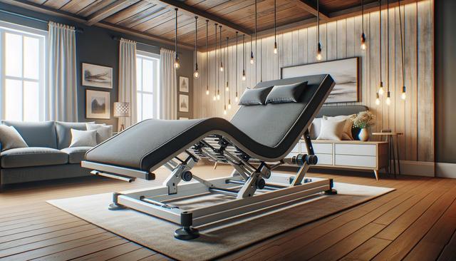A modern room with an adjustable massage table, couch, pendant lights, and wooden walls.
