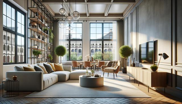 A spacious, modern living room with large windows, a gray sectional sofa, round coffee table, elegant chairs, potted plants, bookshelves, and a mounted TV.