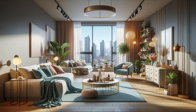 Modern living room with large window, city view, stylish furniture, plants, and soft lighting.