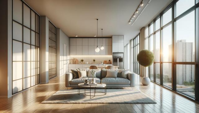 Modern living room with large windows, city view, a sofa, round coffee tables, and a minimalistic kitchen.
