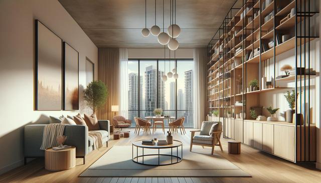 Modern living room with large windows, stylish furniture, bookshelves, and cityscape view.