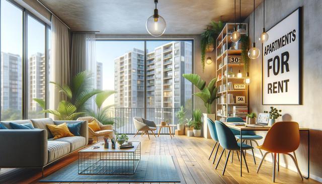 Modern living room with large windows, lush plants, stylish furniture, and a sign saying "Apartments for Rent."