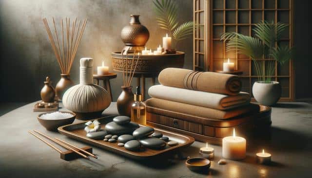 Spa scene with candles, massage stones, stacked towels, and decorative vases.