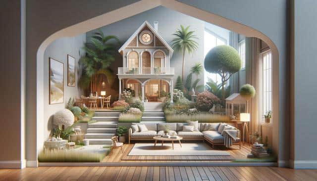 A whimsical living room blends into a garden with a small, charming house, lush plants, and cozy furniture.