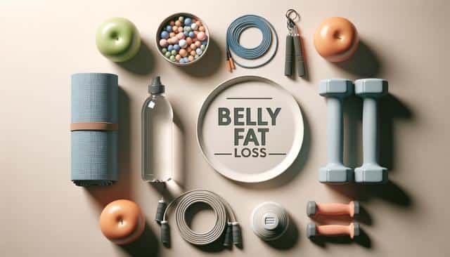 Fitness items and fruits arranged around a plate with "Belly Fat Loss" text.