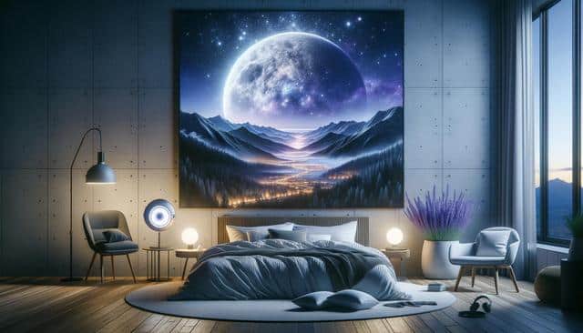 A cozy bedroom with a large wall art of a moonlit mountain landscape, soft lighting, lavender plants, and modern furniture.