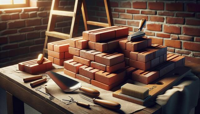 Bricks stacked on a table with masonry tools, ladder, and exposed brick wall in the background.