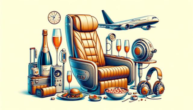 Luxury airplane seat with champagne, food, clock, headphones, and luggage, depicting first-class travel amenities.