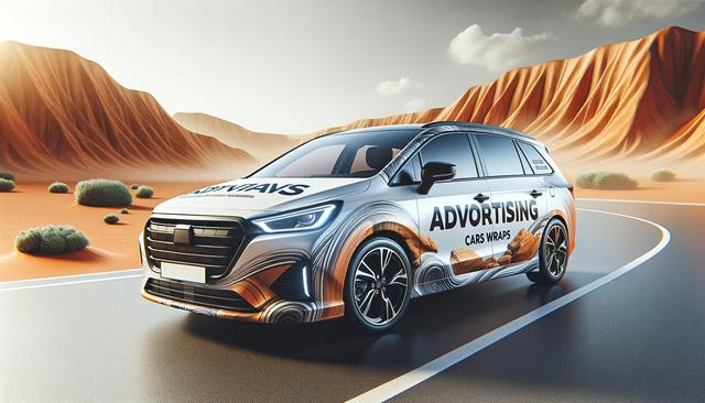 A car with advertising wraps drives on a desert road with orange sand dunes and shrubs.
