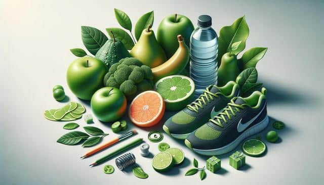 Green-themed still life with fruits, leaves, shoes, pencils, and a water bottle.