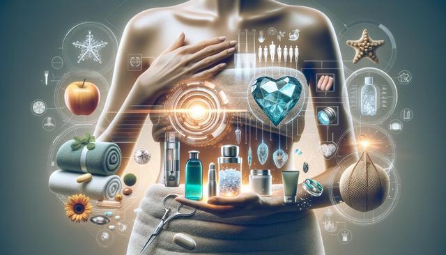 A woman wrapped in a towel holds skincare products, with digital health icons and an apple surrounding her.