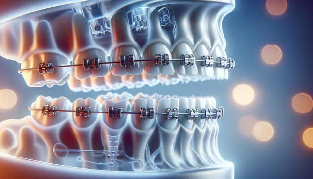 A detailed 3D illustration of upper and lower teeth with braces against a blue background with light bokeh.