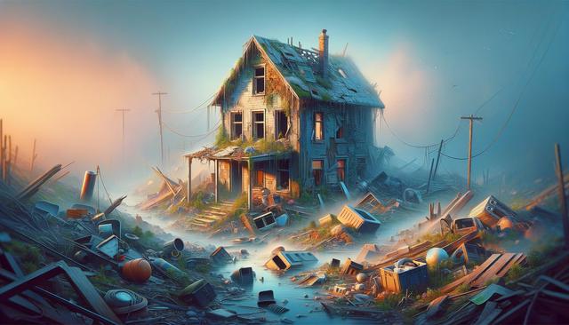 An abandoned, overgrown house surrounded by debris, under a misty sky.