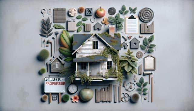 A small, abandoned house is surrounded by various objects like plants, leaves, tools, and a broken sign.