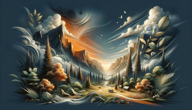 Surreal landscape with colorful trees, clouds, and mountains, featuring a winding road and two small cabins.
